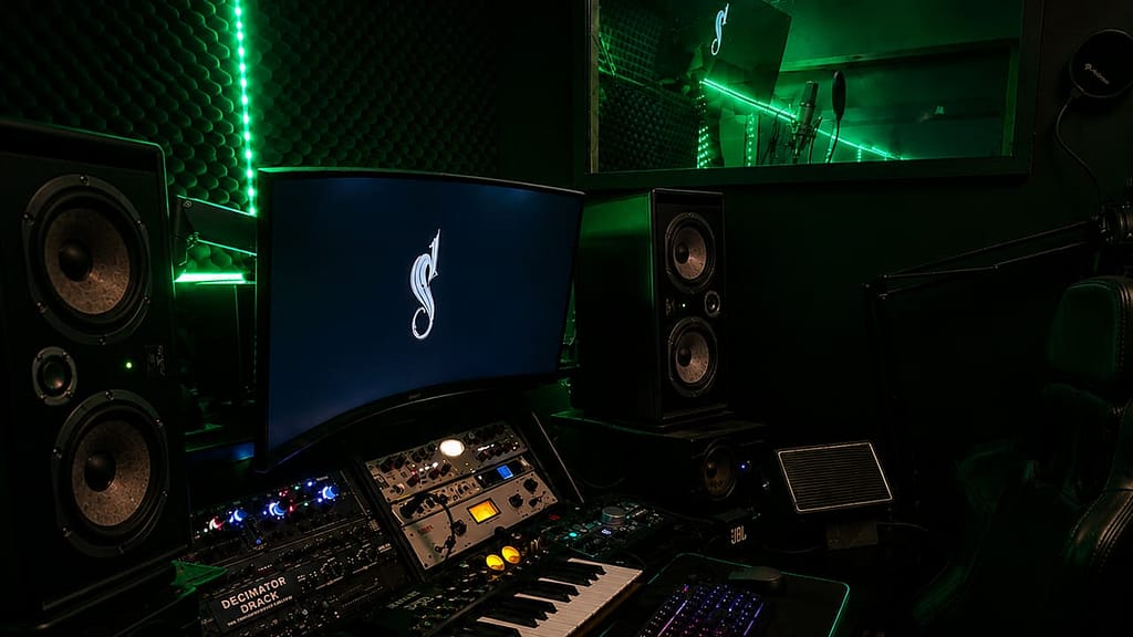 Les rack analogique pour le mixage avec une vue à travers la vitre de la cabine d'enregistrement